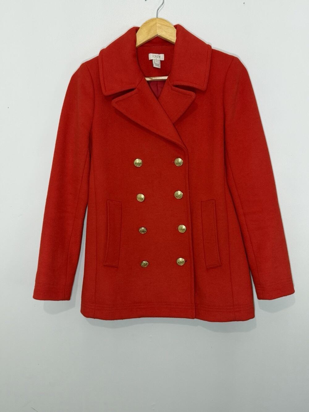 J Crew Double Breasted Pea Coat Womens 0 Red Wool Blend Gold Buttons